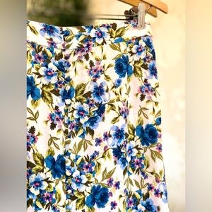 Zara High Waisted Floral Skirt Button Detail Side Zipper Blue Pink Green Cream M